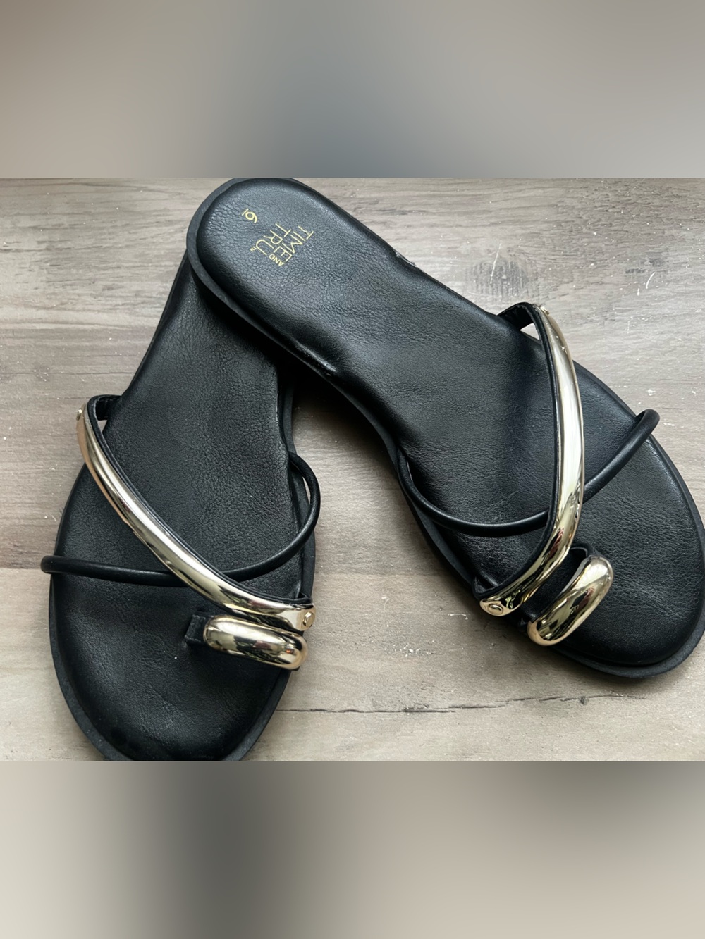 Time and Tru from Walmart. Black Leather Slide Sandals with Gold-Tone Hardware